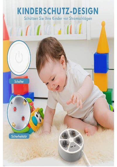 Priz 4 Bölmeli 2 Usb Grişli Yuvarlak Çoklu Grup Priz Çocuk Korumalı Anahtarlı 1.5 Metre Kablolu 1