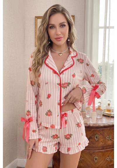 Bella Notte Pembe Romantik Gül Desenli Fiyonk Detaylı Şortlu Pijama Takımı