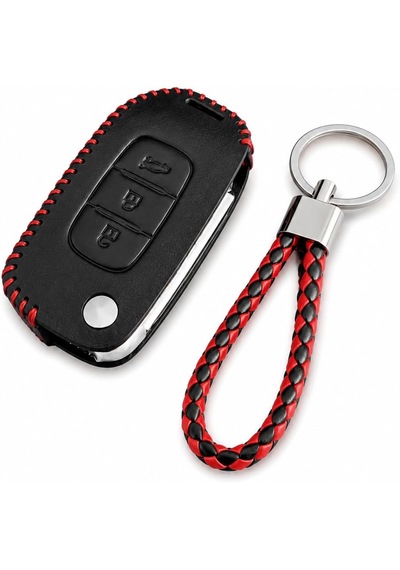 Autohan Keys Renault Megane 4, Clio 5, Captur İçin, Deri Anahtar Kılıfı, 3 Butonlu, Siyah-kırmızı Örgülü, Anahtarlık Dahil