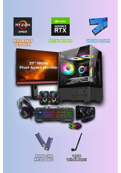 Ramtech RMT1301 R7-5700X 16 GB 500 GB M2 SSD RTX4060 27" Free Dos Masaüstü Oyuncu Bilgisayarı