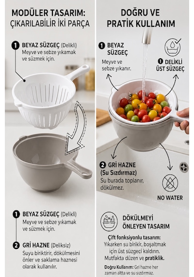 2 Parça Saplı Süzgeç Çok Amaçlı Hazneli Makarna Meyve Sebze Pirinç Yıkama Plastik Mutfak Süzgeci Çok renkli