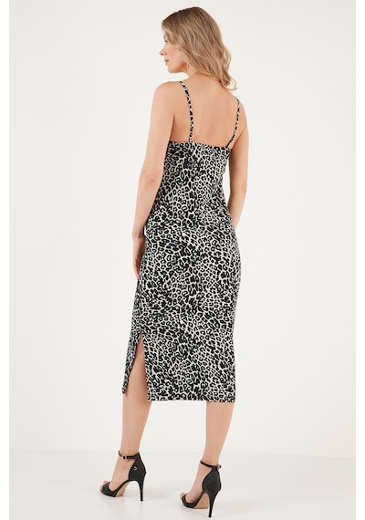 Lela Önü Büzgülü Ip Askılı Yırtmaçlı Fitted Midi Bayan Elbise 5865362 Leopar