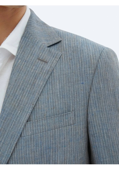 Kip Koyu Mavi Çizgili Modern Fit %100 Keten Takım Elbise Koyu Mavi