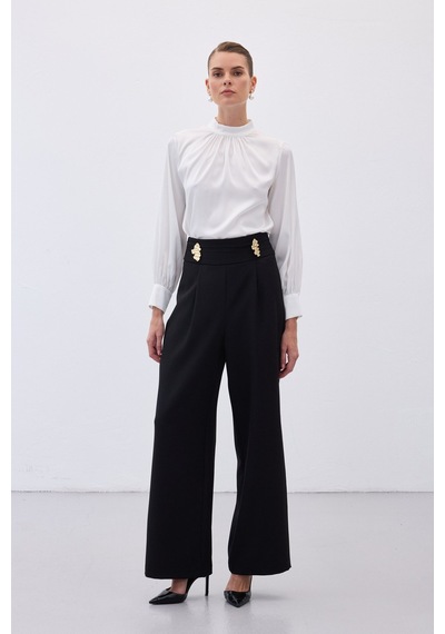 Sateen Bel Aksesuarlı Pantolon - Siyah-136488 Siyah