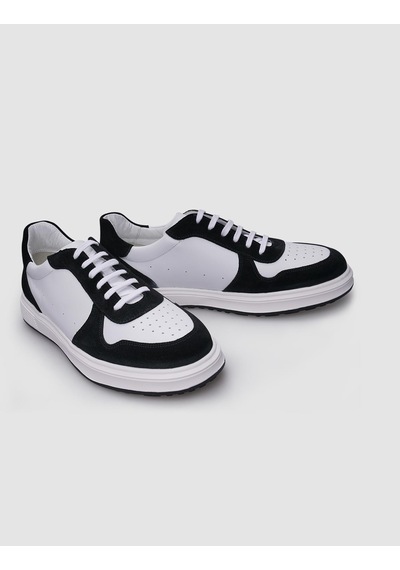 %100 Hakiki Deri Beyaz - Siyah Bağcıklı Erkek Sneaker-beyaz Beyaz