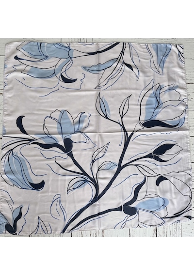 Trend Dokunuş Kadın 70-70 Saten Zambak Desenli Fular Bandana Mavi - Beyaz