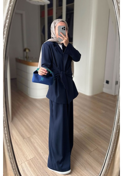 Ka Hijab Yandan Bağlamalı Ceket Takım - Lacivert