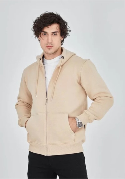Butik İstanbul Unisex Tam Fermuarlı Kapşonlu Sweatshirt - Bej