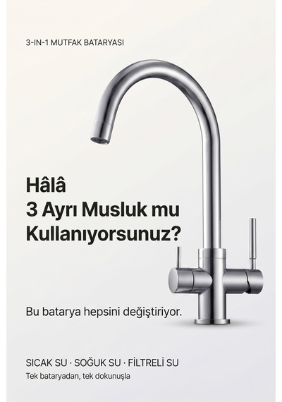 Likuan Mutfak Bataryası 3 Yollu Tri-flow Led Göstergeli Krom Kuğu Boynu Nsf Sertifikalı