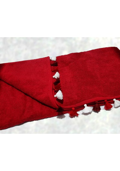Püsküllü Yumuşak Pamuk Havlu Yüksek Emicili Vücut Havlusu 70x130 Cm Kırmızı