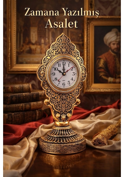 Nostaljik Vintage Taş İşlemeli Kabartmalı Lüks Altın Renk Dekoratif Salon Ve Ofis Masa Saati 29 Cm Gold