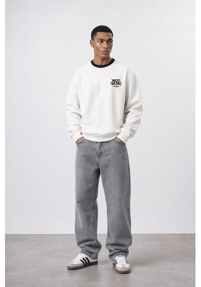 Respire Erkek Not Basic Project Baskılı Oversize Sweatshirt Ekru