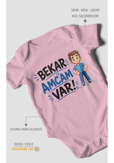 Morivokids Bekar Amcam Var Kısa Kollu Bebek Body %100 Pamuk Koyu Pembe