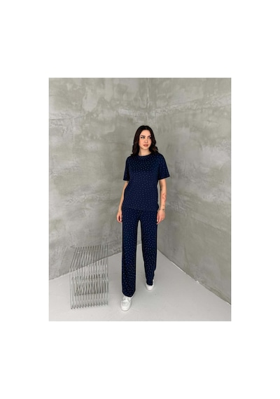 Asur Boutique Asur Butik Kadın Taşlı Bisiklet Yaka Alt Üst Takım Pantolonlu Şık Günlük Kombin Lacivert