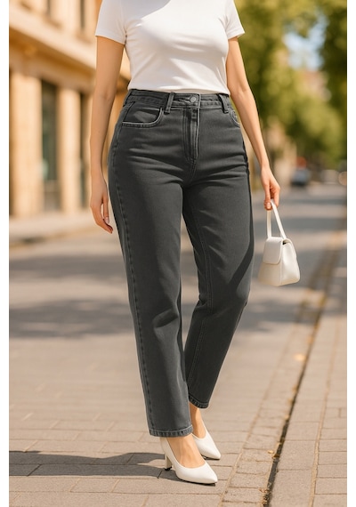 Cedy Denim Cedy Denım - Kadın Büyük Benden Boru Paça Yüksek Bel Regular Fit Likralı Pantolon C626 Gri