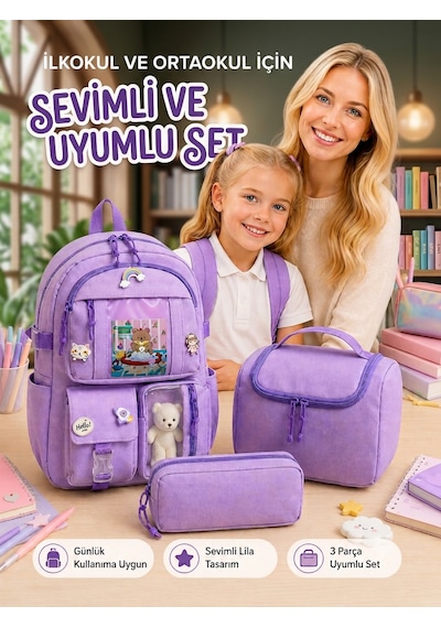 3'lü Kore Model Ortaokul Okul Çantası Kız Çocuk, Kız Çocuk Okul Çantası Beslenme Çantası Kalemlik Mor