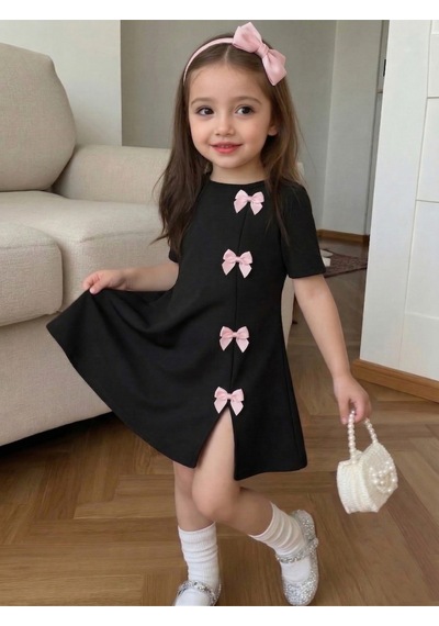 Uyguntarz Kız Çocuk Siyah Mini Elbise Pembe Fiyonk Detaylı Modern Tasarım Siyah - Pembe
