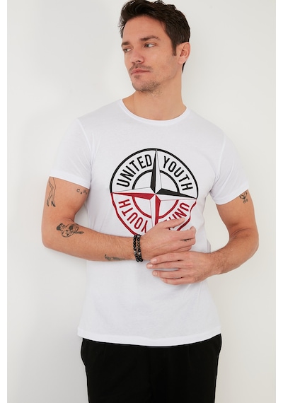 Buratti Baskılı Bisiklet Yaka Pamuklu Slim Fit Erkek T Shirt 541Pusula Beyaz
