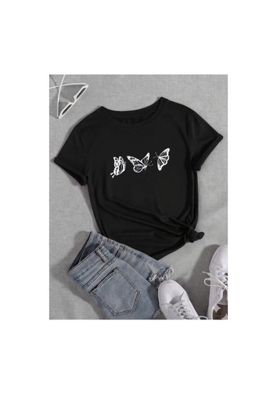 Uçuşan Kelebekler Temalı Premium Baskılı Kadın T-shirt Siyah