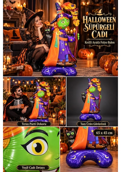 Halloween Cadılar Bayramı Ayaklı Süpürgeli Kedili Cadı Folyo Balon 65x45 Cm Mor Turuncu Oda Süsü Çok Renkli
