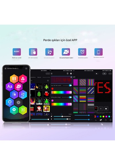 Akıllı Led Perde Işığı Led Animasyonlu Renkli Yazı Led Mobil Kontrol Rgb Perde Led Dekoratif Işık Çok Renkli