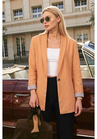 Armonika Kadın Camel Kol İçi Çizgili Tek Düğmeli Ceket Arm-26y001106