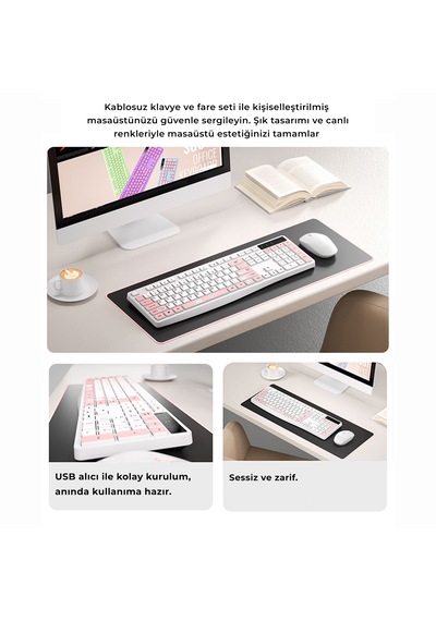 Kablosuz Klavye Mouse Seti Kedi Temalı Sessiz Pembe Beyaz Retro Tablet Laptop Pc Uyumlu Optik