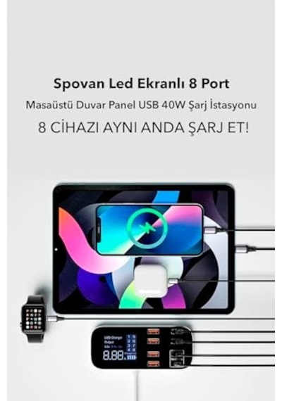 Spovan Led Ekranlı 8 Port Masaüstü Duvar Seyahat Type C Usb 40w Şarj İstasyonu Adaptörü