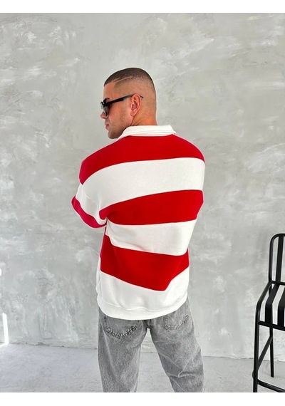 Luz&pos Erkek Üç İplik Parçalı Yakalı Sweatshirt - Kırmızı Kırmızı