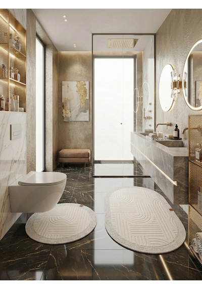 Melena Carpet Premium Kaymaz Taban Banyo Paspası Jüt Kenar Detaylı Oval Yuvarlak Set 100x60-60x60 Krem