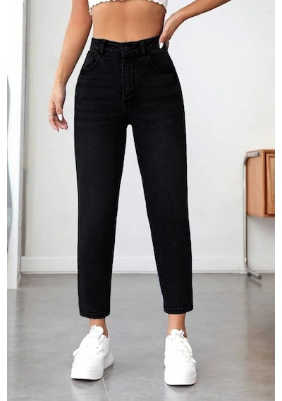 Woddi Mom Siyah Kadın Likralı Mom Jean Kot Pantolon-2