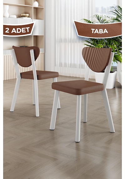 Fubi Serisi 2 Adet Deri Mutfak,cafe, Restaurant Sandalyesi Beyaz Metal İskeletli Taba Sandalye Beyaz İskelet