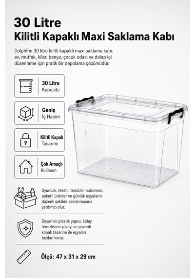 30 Litre Kilitli Kapaklı Maxi Saklama Kabı Çok Amaçlı Düzenleyici Kutu Şeffaf