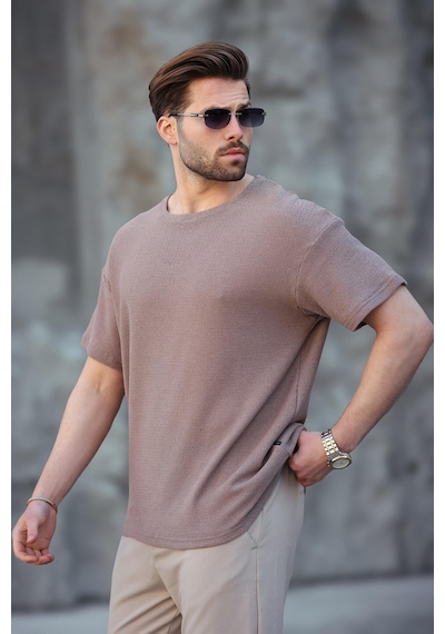Madmext Kahverengi Bisiklet Yaka Oversize Erkek T-shirt E7134 Kahverengi
