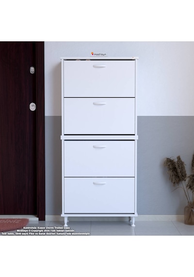 Modilayn Umay' 2 Li Kapı Önü 52 X 160 X 25,5 Cm Lik 4 Düşer Kapak 8 Göz Bölmeli Ayakkabılık Beyaz
