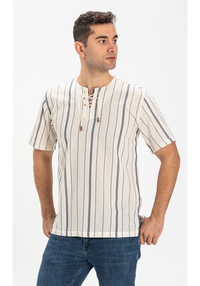 Eliş Şile Bezi Büyük Beden Kısa Kol Şile Bezi Zımbalı Erkek Yazlık Tshirt Ekru Gri Çizgili 3028 Ekru Gri Çizgili Ekru - Gri