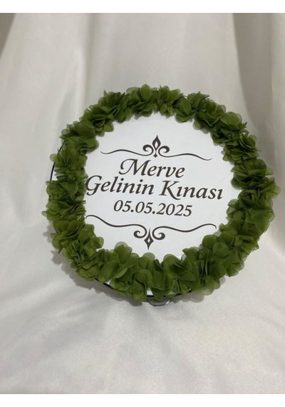 Gelin Tefi 30cm,özel Tasarımtef Lazer Güllü, İsim Ve Tarih Yazılı Düğün Kına Tefi Yeşil