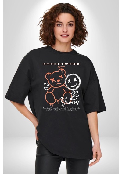 Yükseliş İçin Kendin Ol Pamuklu Bisiklet Yaka Unisex Oversize Boyfriend Dijital Baskılı Siyah T-shirt Siyah