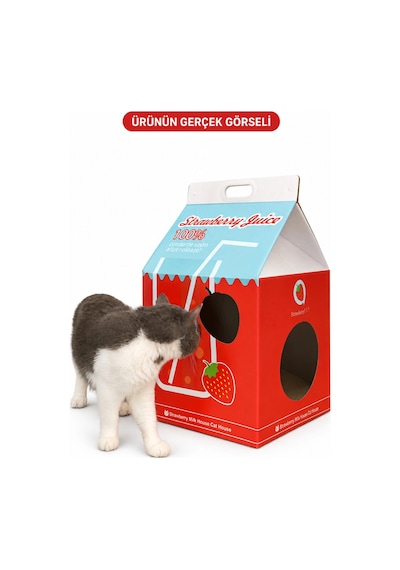 Çilek Desenli Karton Kedi Evi Katlanabilir Süt Kutusu Tasarımı, Tırmalama Pedi Hediyeli Sempatik K
