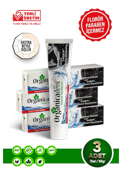 Organicadent Aktif Karbonlu Doğal Diş Macunu 105gr 75ml 3 Adet Beyazlatma