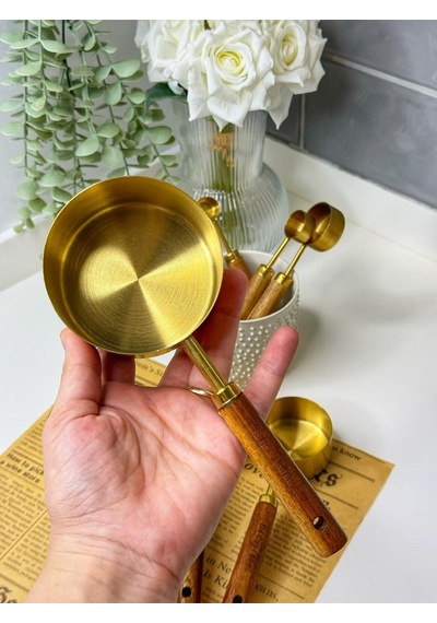 4 Lü Ahşap Saplı Ölçü Kaşığı Seti 250/125/80/60 Ml Paslanmaz Metal Sarı