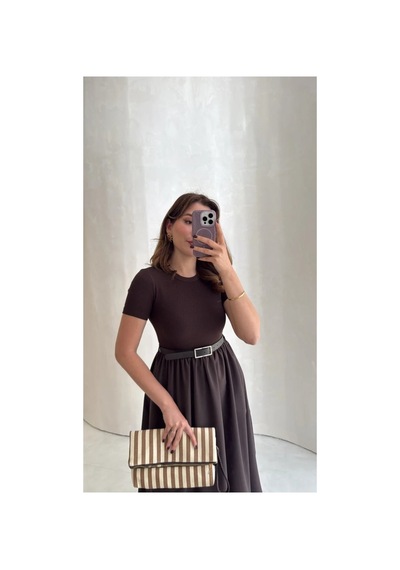 Unika Boutique Acı Kahve Kendinden Kemerli Alt Poplin Kumaş Elbise Acı Kahverengi