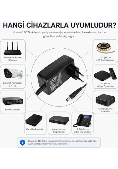 Primex Px-12v2a Huawei 12v 2a Adaptör, 5.5mm 2.5m Standart Uç 12v Adaptör, 12v2a Şarj Adaptörü,
