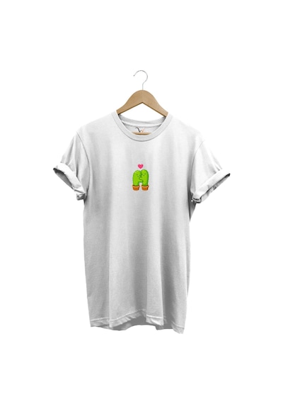 Sevimli Sevgili Kaktüs Baskılı Minimal Regular Fit %100 Pamuk Beyaz T-shirt Beyaz