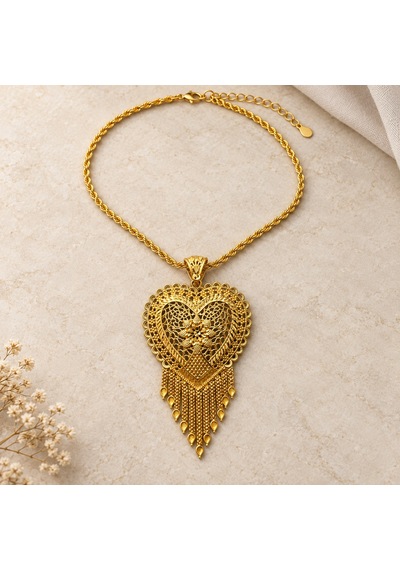 Gold Renk Kalp Motifli Püsküllü Taşsız Hint İşi Halat Zincir Kadın Kolye 60+5 Cm Renkli