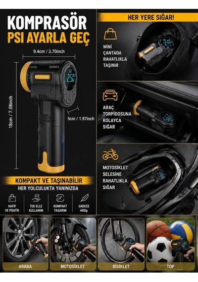 3600mah 150psı Lcd Ekranlı Kompresörlü Araç, Motosiklet, Scooter,