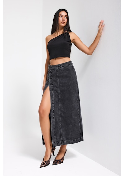it's basic Kadın Gri Füme Renk Tilia Önü Düğmeli Maxi Boy Denim Etek