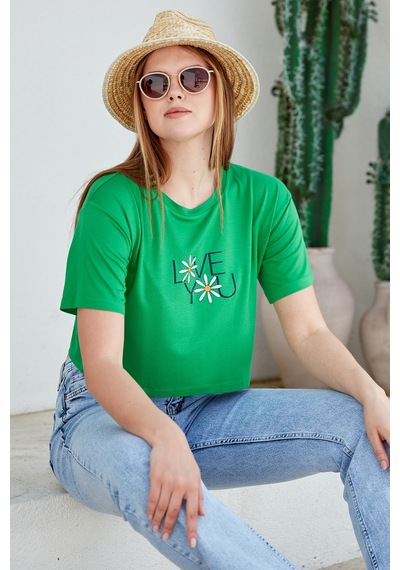 Oversize Baskılı Crop Tişört - Yeşil Yeşil