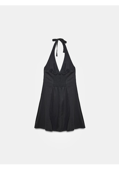 Dilvin 90568 Halter Yaka Denim Mini Elbise-siyah