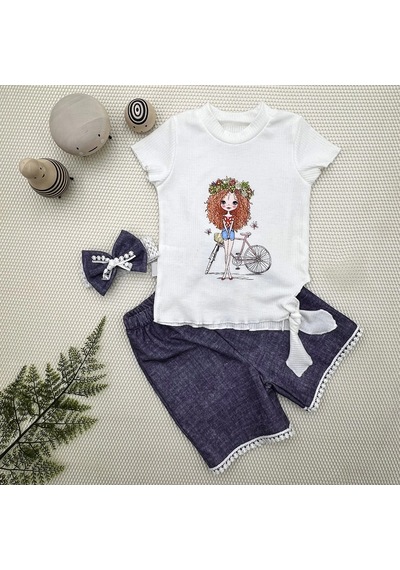 Veraura Lifestyle 1-2-3 Yaş Bisikletli Kız Baskılı Bandanalı Kot Desenli Şort Kısa Kollu Tişört 3lü Kız Bebek Takımı Lacivert